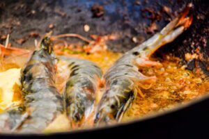 Close up of shrimps cooking.